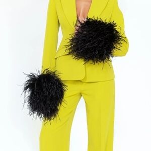 Yellow Women's Suit with Black Feather Accents